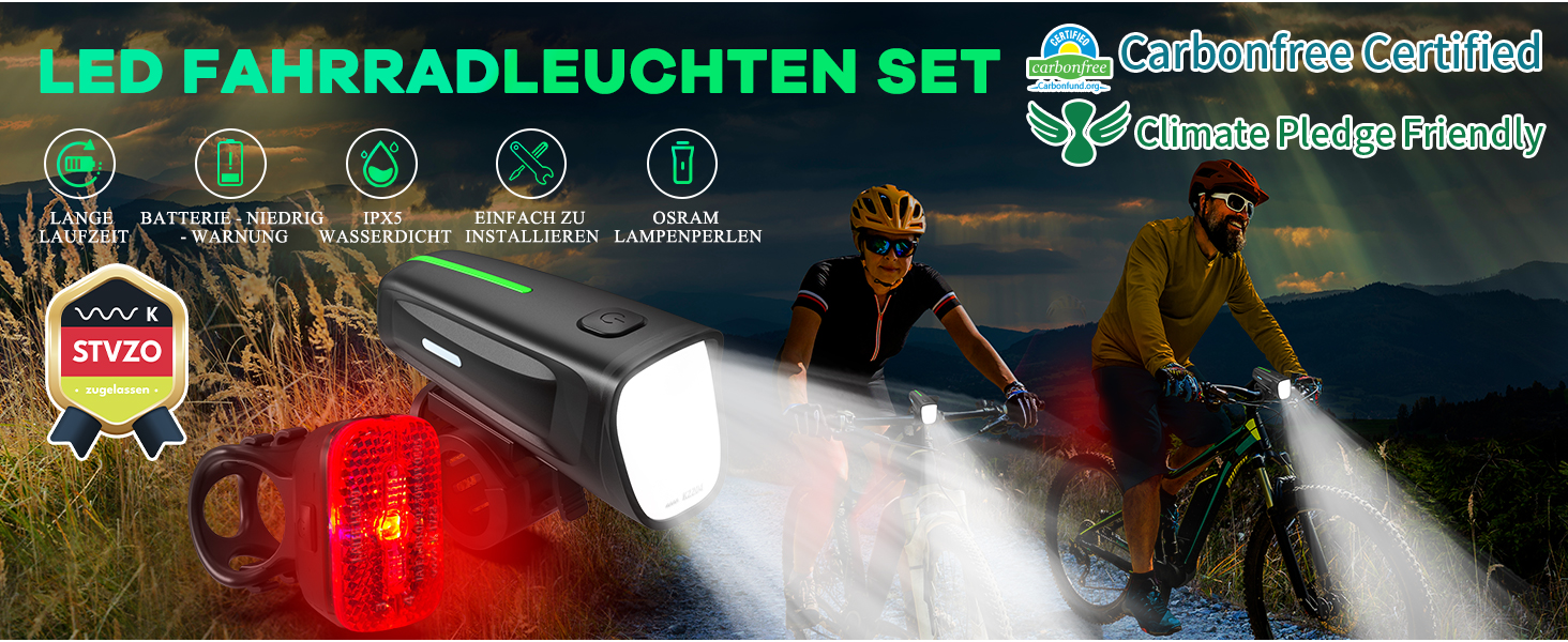 Велофара LED MUPAS 100 LUX, сертифікована StVZO, USB, водонепроникна IPX5, комплект передньої та задньої фари з індикатором заряду, Type-C