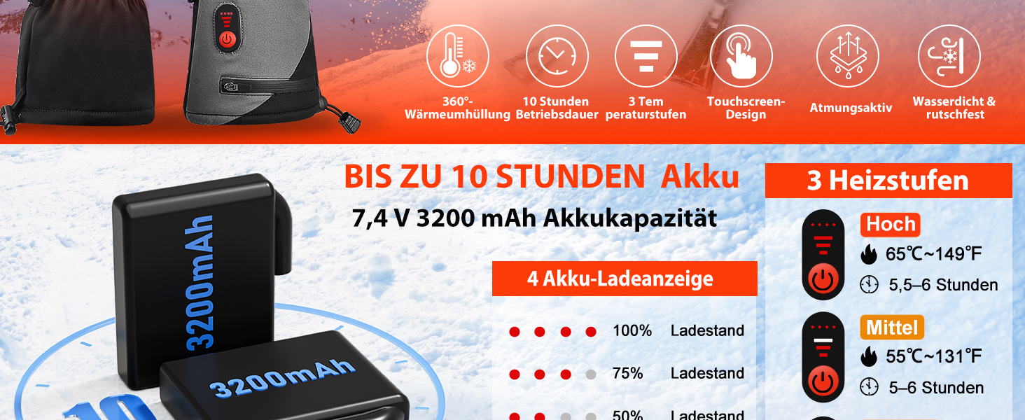 Гріючі рукавички з акумулятором 7.4V 6400mAh USB, 3 режими нагріву, водонепроникні рукавички з нагрівом для зимових видів спорту, катання на лижах, мотоциклі, велосипеді, піших прогулянок