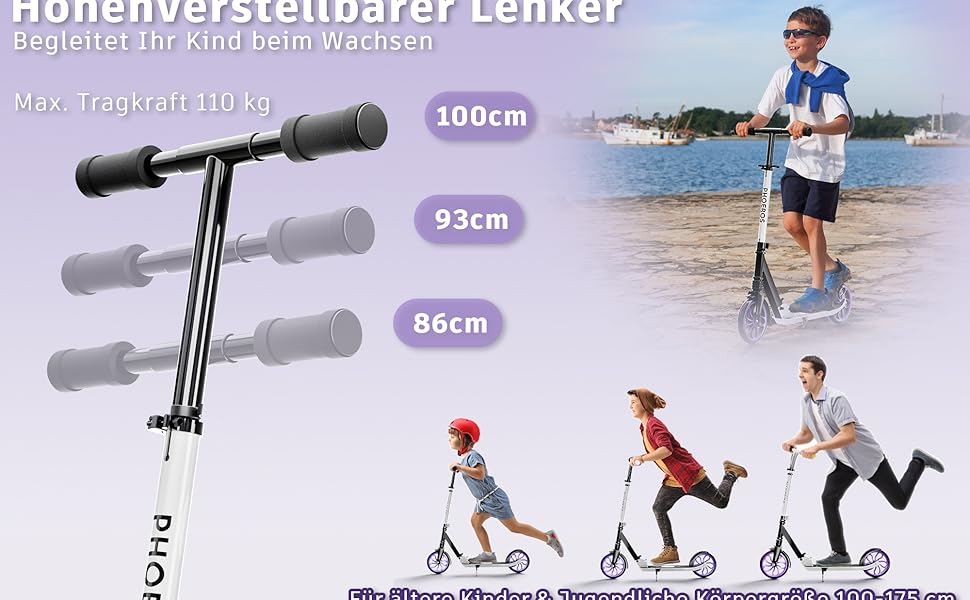 Дитячий трюковий самокат PHOEROS для дітей та дорослих, складний, з регулюванням висоти, амортизація, 200 мм колеса (білий)