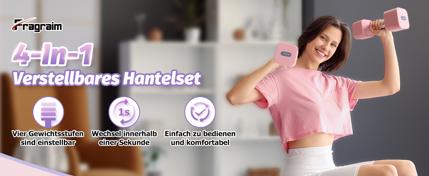 Набір гантелей Fragraim 5 кг x 2, регульовані, рожеві. Ідеально для фітнесу вдома, силових тренувань жінок та чоловіків. Гантелі для дому, силові тренування.