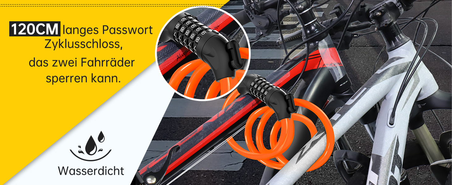Замки для велосипеда з кодом 12 мм/120 см, протиугінний кабельний замок з 5-значним кодом, вологостійкий числовий замок-кабель для велосипеда, електровелосипеда, дитячої коляски, драбини (Чорний) (Оранжевий)