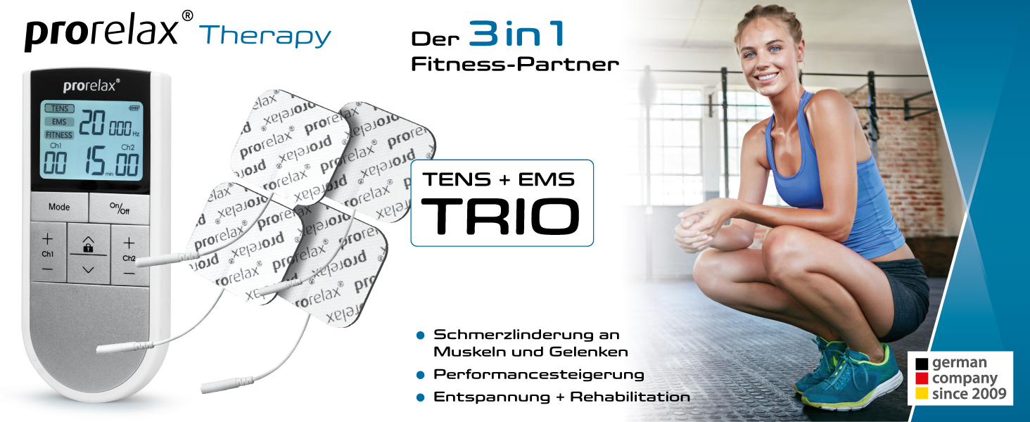 Prorelax TENS/EMS Trio: електростимулятор для релаксації, м'язів та зняття болю | 3 терапії, 50 програм, 16 рівнів інтенсивності