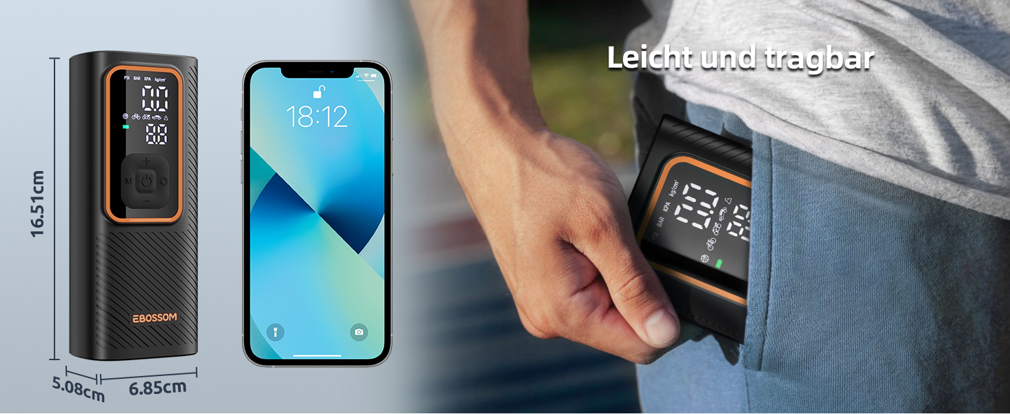 Електрична повітряна помпа 10.3 Bar з акумулятором, 6000mAh та 12V DC, для авто, мото, велосипеда, з LED-ліхтариком та автовимкненням (Оранжева, I7)