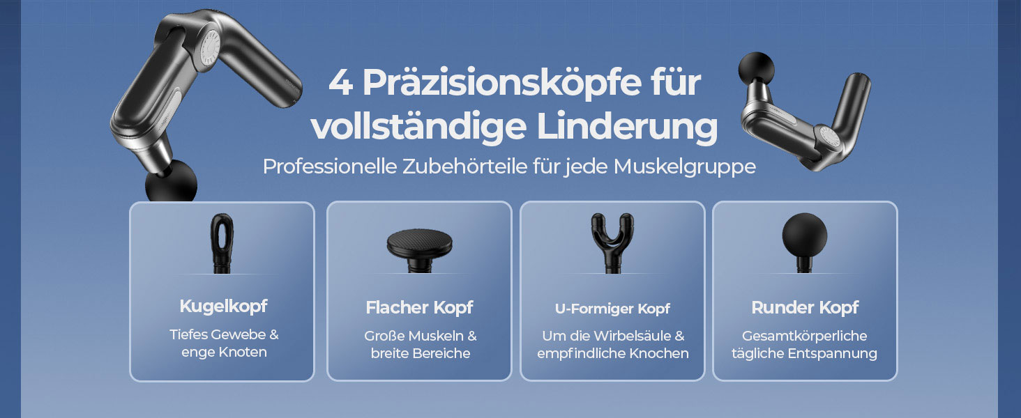 Масажер для тіла KingPavonini з висувним руків'ям та відкидним голівкою: масажна пістолета для спини з 3 кутами налаштування та 4 насадками, подарунок для чоловіків та жінок (сірий)