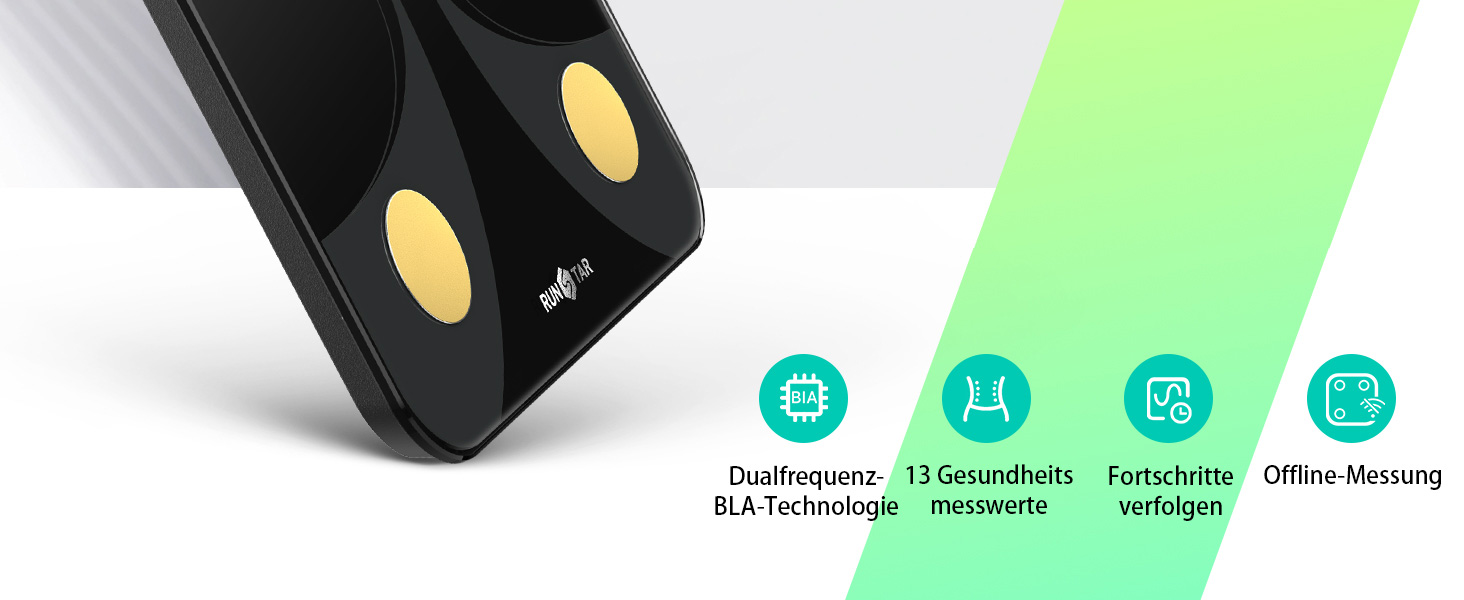 Вага RunSTAR для вимірювання жиру в тілі, персональна вага з великим дисплеєм, аналізатор 13 показників, синхронізація з додатком, чорний колір
