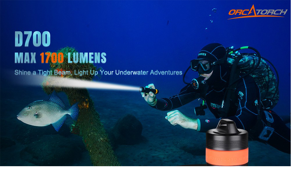 Ліхтар під водою Orcatorch D700: 1700 люмен, глибина до 150 м, акумулятор 21700
