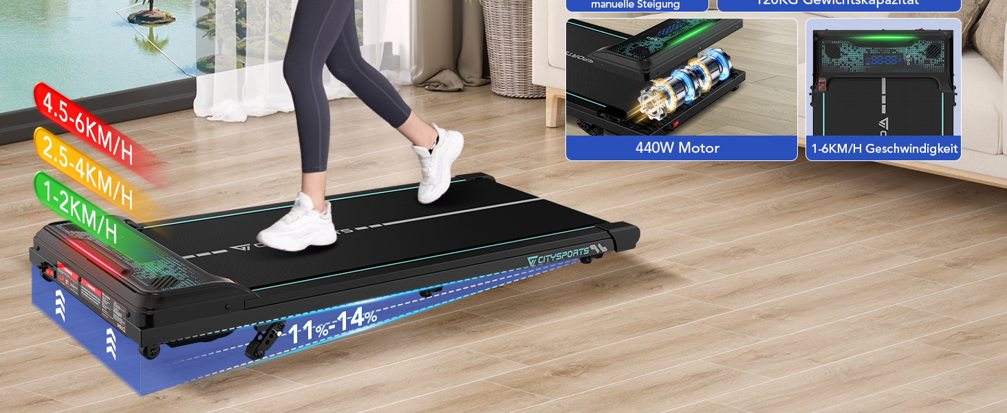 CITYSPORTS Біговий тренажер з регулюванням нахилу, WalkingPad з LED-дисплеєм та світловим ефектом, швидкість 1-6 км/год, для дому та офісу, з пультом керування, колір Green