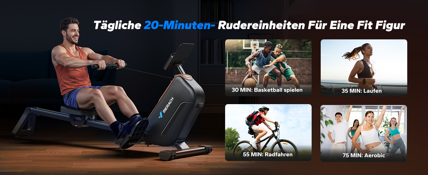 Гребний тренажер MERACH для дому, складаний, з магнітним приводом, тихий, з додатком, подовжені направляючі рейки, електричне регулювання (Plug-in)