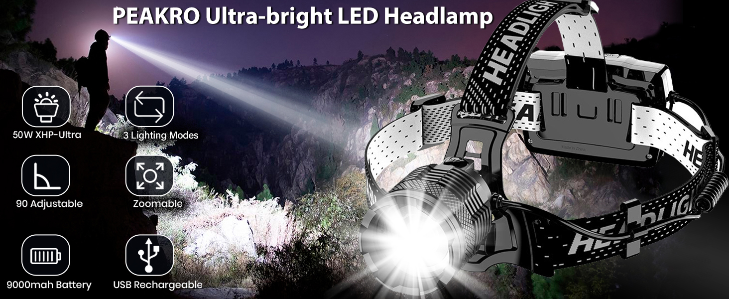 LED налобний ліхтар з перезаряджанням, 90000 люмен, сенсор, 9000mAh, USB-C, 3 режими, IP65, водонепроникний, регульований для кемпінгу, риболовлі, надзвичайних ситуацій