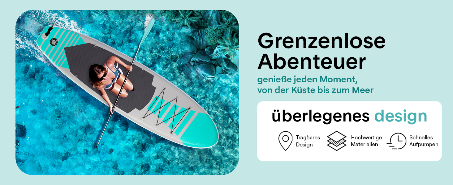 Надувний SUP СерeneLife для дорослих та дітей: комплект з веслом, насосом та сумкою. Touring SUP для плавання по морю, річці та озеру. Максимальне навантаження 155 кг, колір аквамарин.