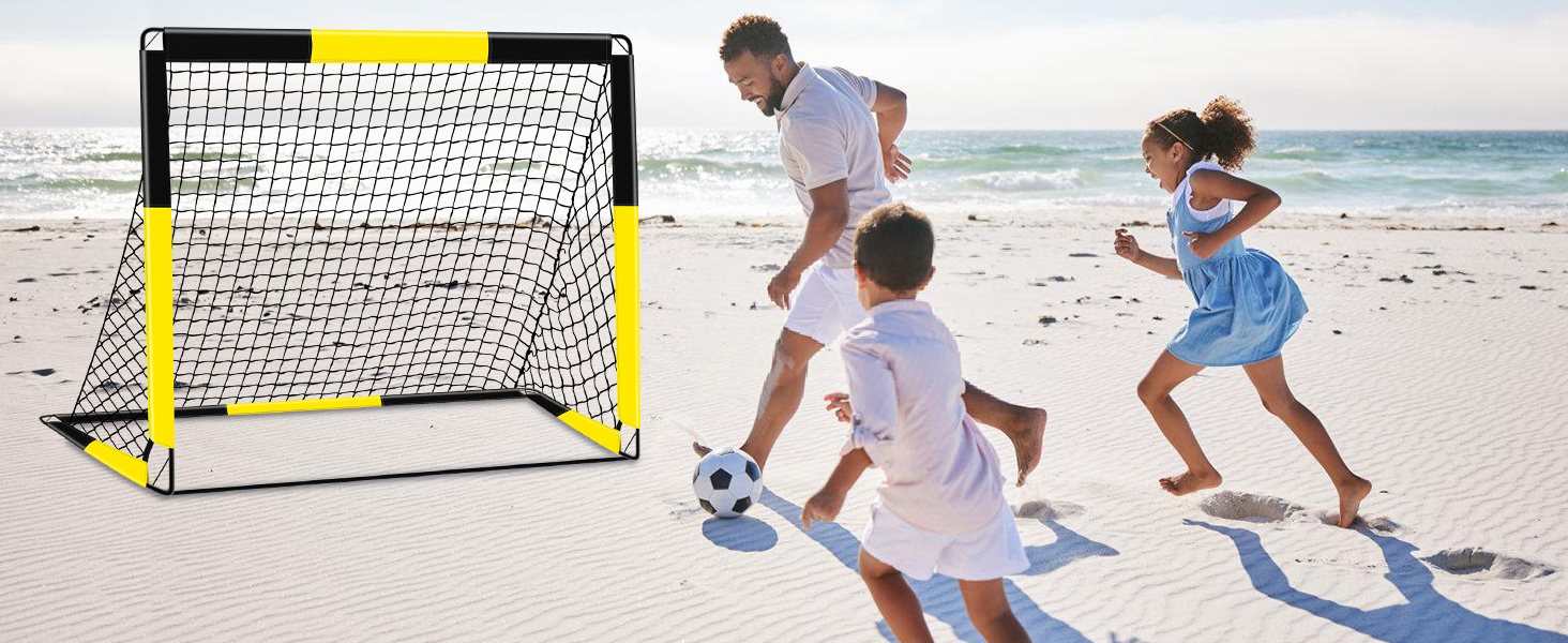 Дитячі воріта для футболу 2-в-1, 150х120 см, портативні та стабільні, з 5 цілями, 4 анкери та сумка, для саду, парку, пляжу (жовті)