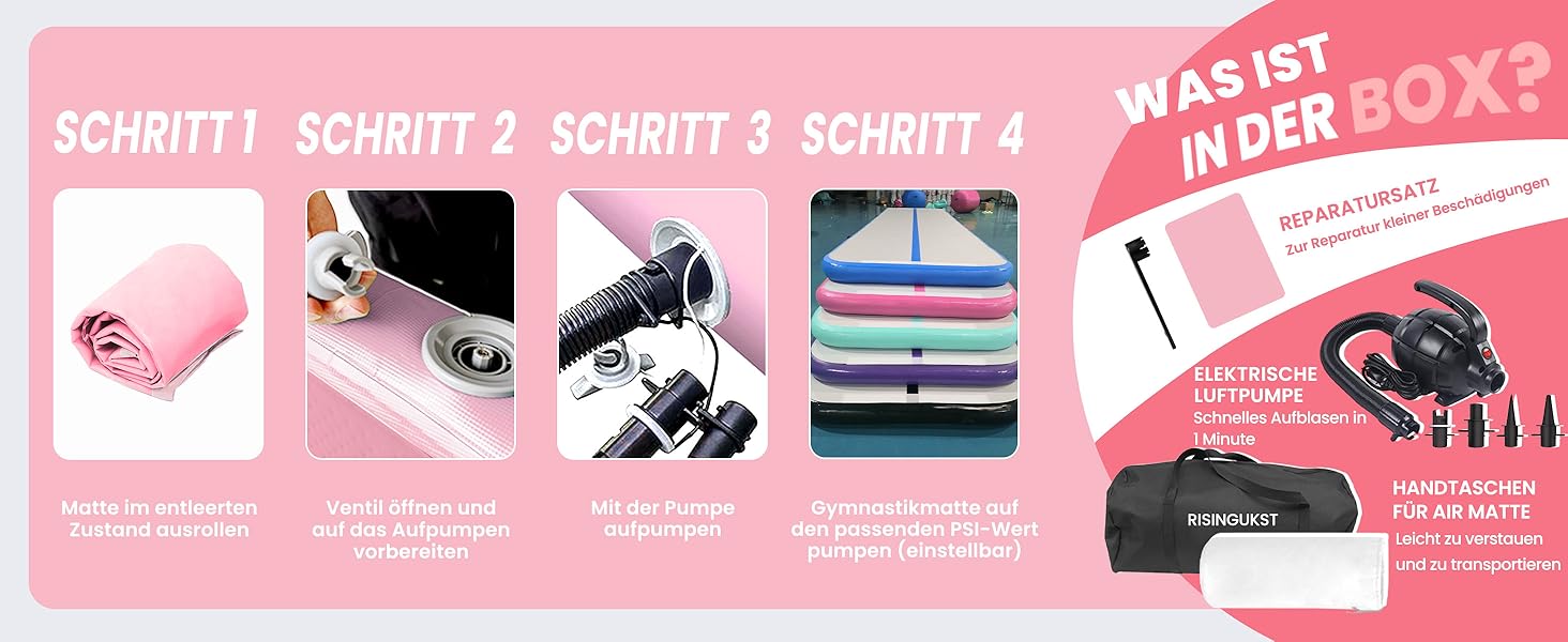 Надувна гімнастична матка Air Matte Track - 600x100x20 см (зелена та рожева) з повітряним насосом