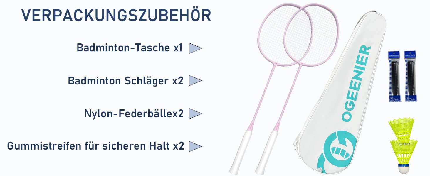 Набір для бадмінтону OGEENIER: 2 ракетки, обмотка, 2 волани, 1 ракетка з сумкою (білий, рожевий, 3 1/4 дюйма)