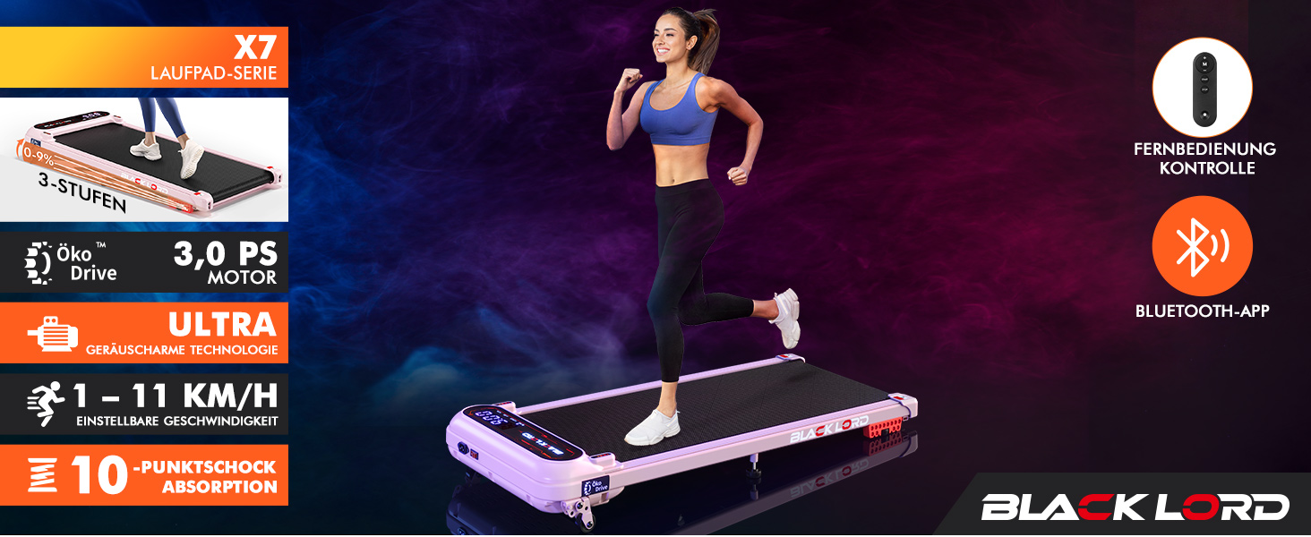 Біговий тренажер BLACK LORD X7 Laufband - ходьба під столом, 3.0PS, 130кг, Bluetooth, 3 рівня нахилу, рожевий