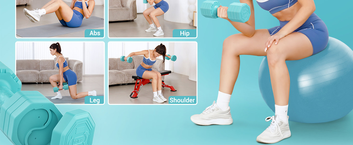 Набір гантелей Yoleo регульовані 2/4 шт. для дому, 2 кг, 3 кг, 4 кг, 5 кг, з м'яким TPU-покриттям, для тренувань всього тіла (блакитні)