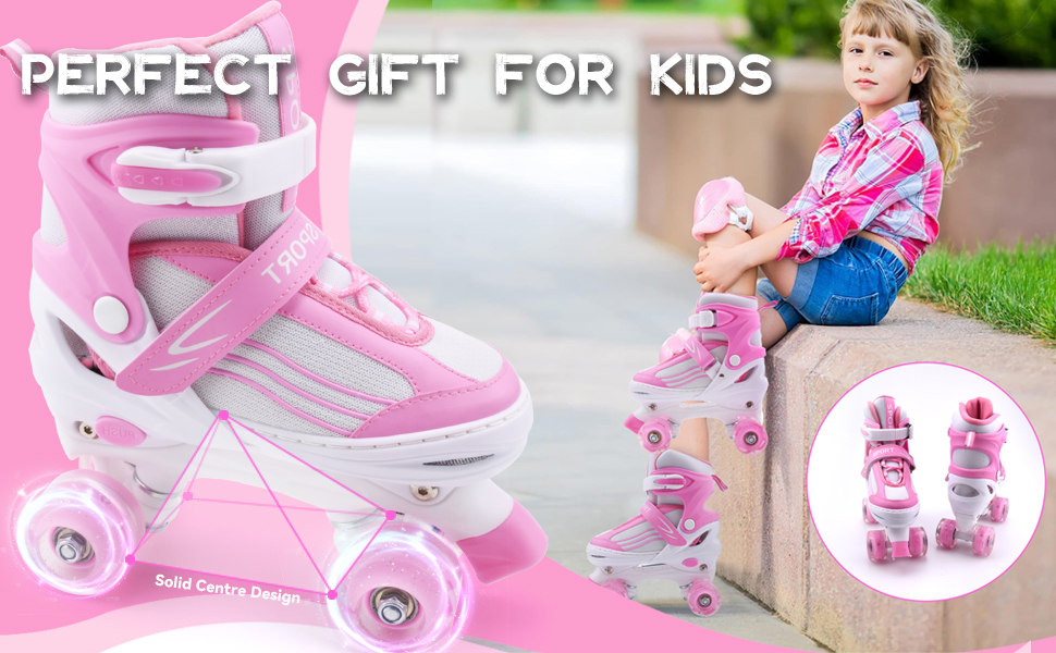 Дитячі ролики Kinder Rollschuhe для дівчаток та хлопчиків, регульовані, з підсвічуванням, кольори: білий та рожевий, розмір EU 28-32