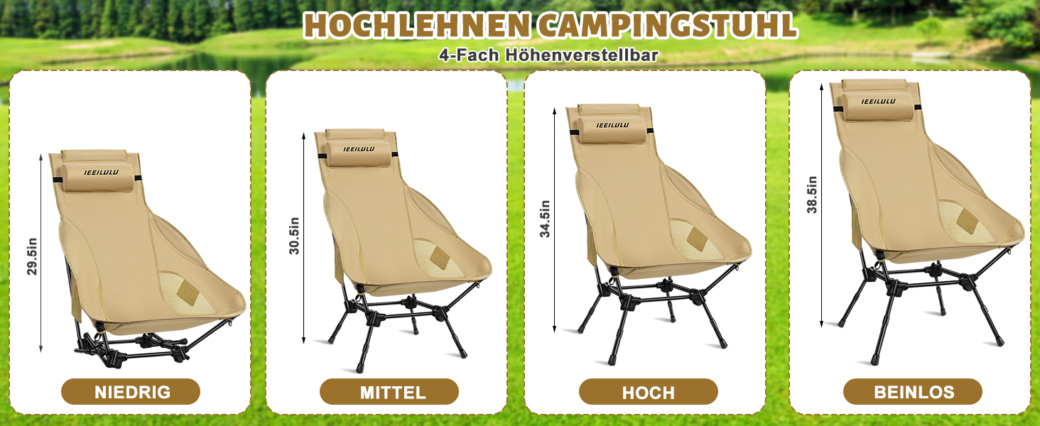 Складний туристичний стілець IEEILULU з високою спинкою, 130 кг, з кишенями, для кемпінгу, риболовлі, пікніка (колір: коричневий)