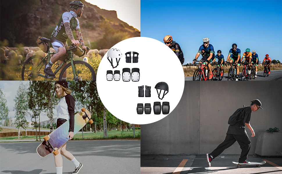 Комплект захисту SANON для дорослих (7 предметів): шолом, наколінники, налокітники, захист зап'ясть для велосипеда, ролика, скейтборду, чорний, розмір M (41-60 кг)