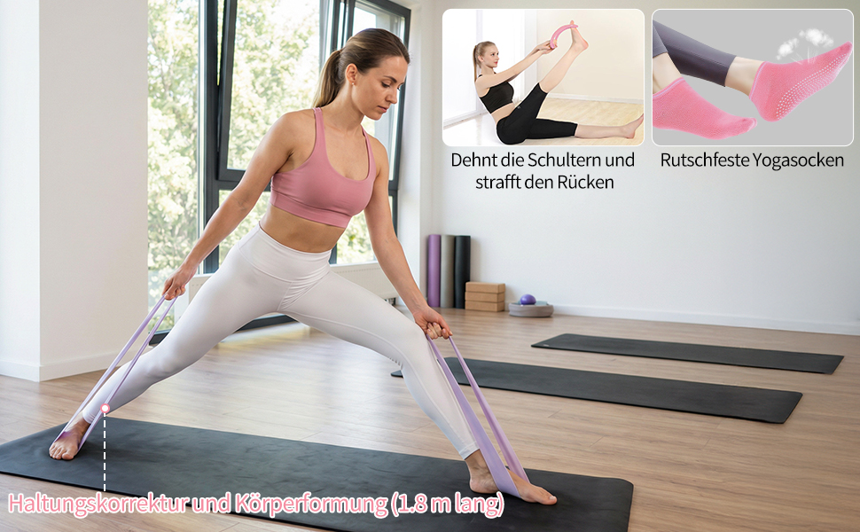 Набір для пілатесу 13 шт: кільце, фітнес-м'яч, еластичні стрічки, масажне кільце, для дому та фітнесу, рожевий