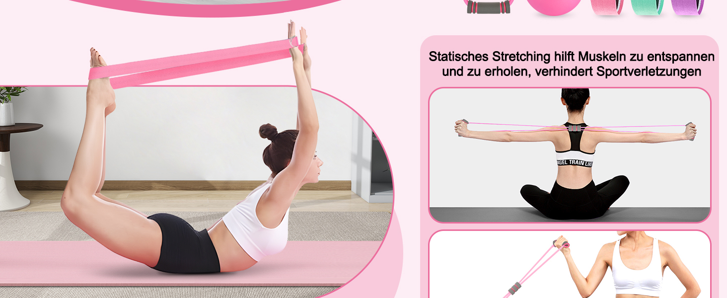 Набір для пілатесу: кільце, фітнес-гумка для стегон, стрічка для розтяжки, фітнес-постер (рожевий)