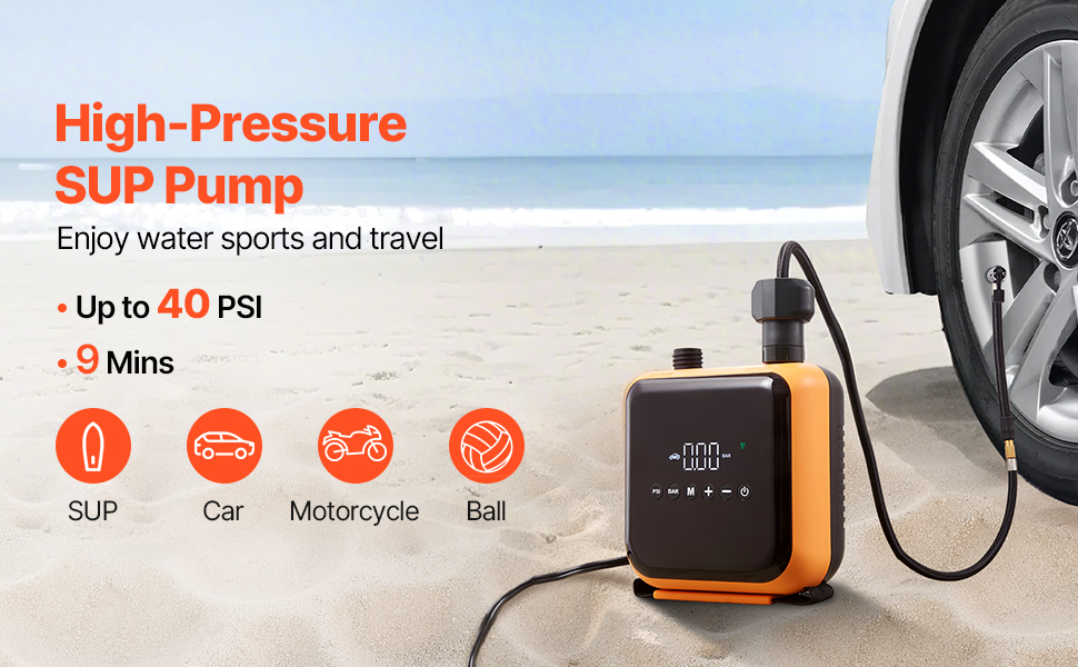 Електрична SUP-насос VEVOR з USB-виходом, 2-ступенева автоматична насос для надувних SUP, наметів, 40 PSI, 12V DC, LED-підсвічування