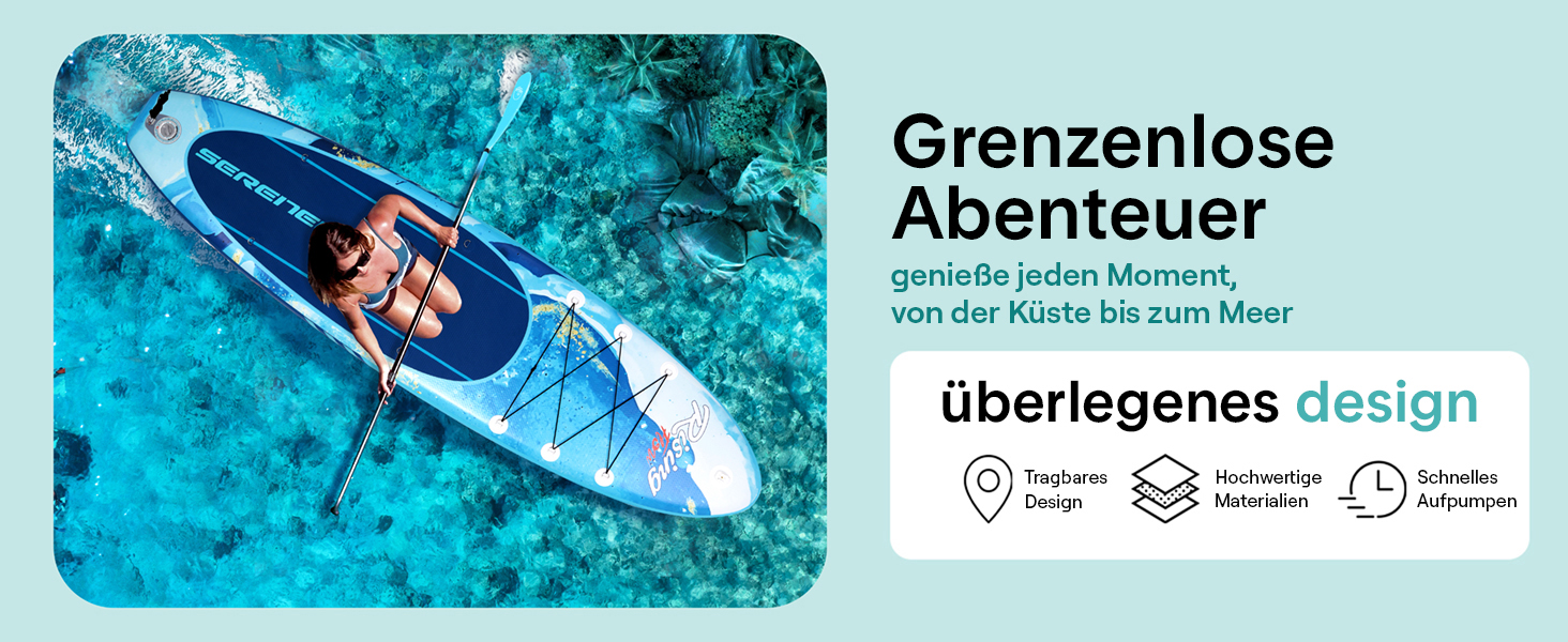 Надувний SUP СерeneLife: комплект для сапбордингу з веслом, насосом та сумкою. Touring SUP для дітей та дорослих, стійкий, портативний, для озера, річки та моря. Максимальне навантаження 155 кг (Блакитна Хвиля)