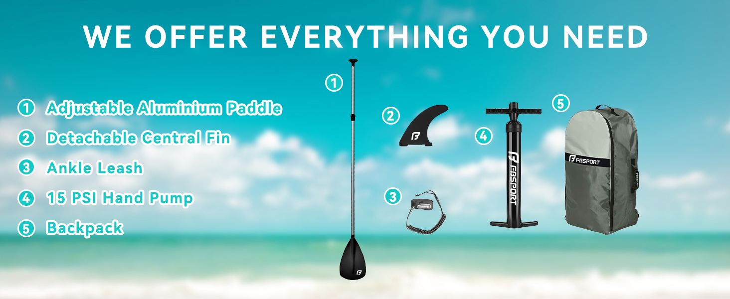 Надувне SUP Board FBSPORT для Stand-Up Paddling з регульованим алюмінієвим веслом та насосом, 15 см товщина, комплект FruitGreen