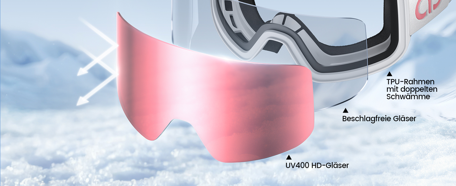 Ламмікал - снігові окуляри для жінок та чоловіків, захист від запотівання, дзеркальні, для носіїв окулярів, UV400, захист від відблисків, білий каркас, рожевий колір (VLT: 28%)