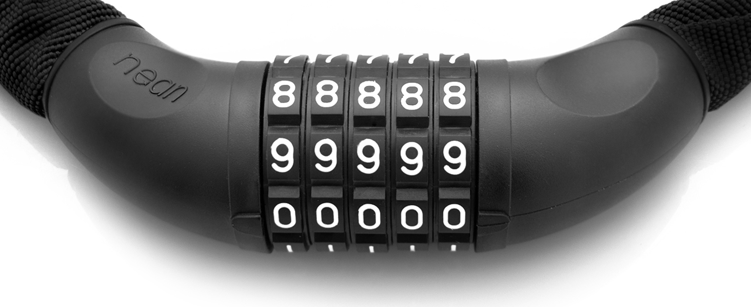 Замок для велосипеда Nean з кодом та високим рівнем безпеки, ланцюговий замок, код-комбінація, посилені сталеві ланки, 6 мм x 900 мм, чорний