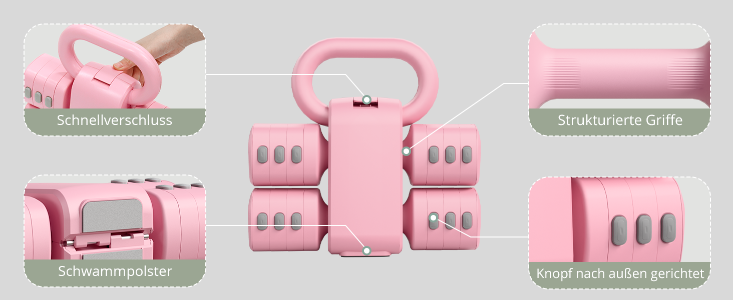 Регульований набір гантелей 2-в-1 для жінок – 4 рівні (1-5,5 кг) – обладнання для фітнесу вдома – зелені гантелі (рожевий)