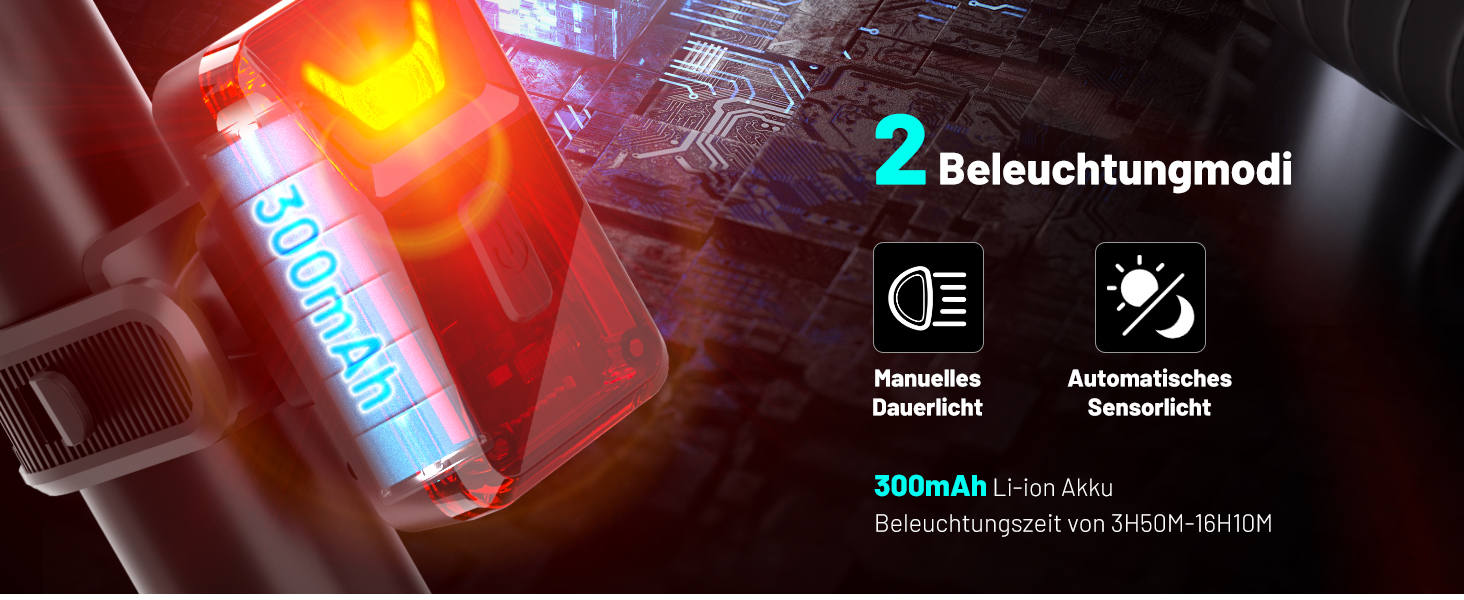 Велофара TECHCYC з датчиком освітлення, LED, до 70 Люкс, StVZO, USB, IPX6, 2500 mAh (передня) & 300 mAh (задня)