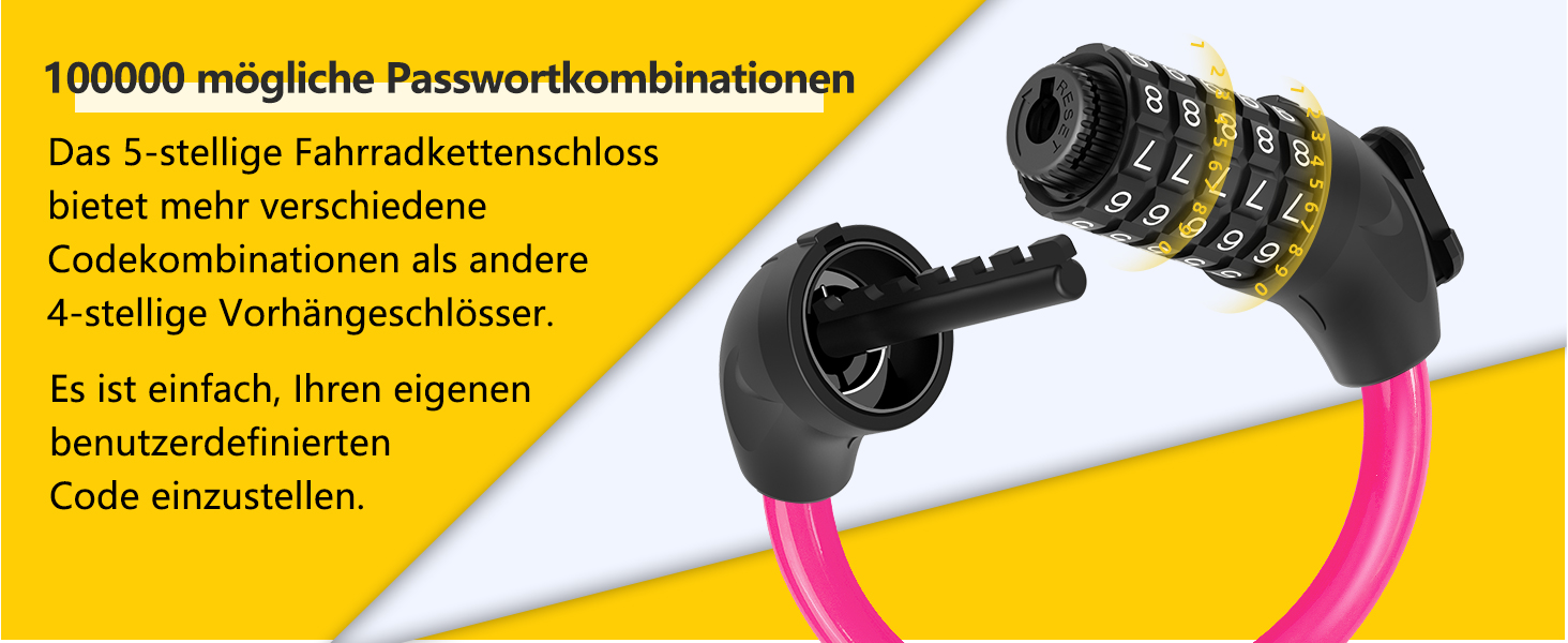 Замки для велосипеда з кодом 12 мм/120 см, антикрадіжний кабель, 5-значний код, вологостійкий, для велосипеда, електровелосипеда, дитячої коляски, драбини (Чорний, Рожевий)