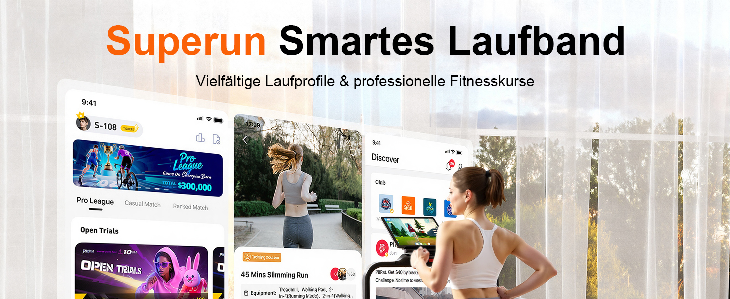 Біговий килимок Superun з нахилом 6% – бігове полотно для дому 2.5 PS з додатком та пультом дистанційного керування – біговий стіл max 136 кг з мульти-режимом та тренувальними курсами 110 см. Чорний