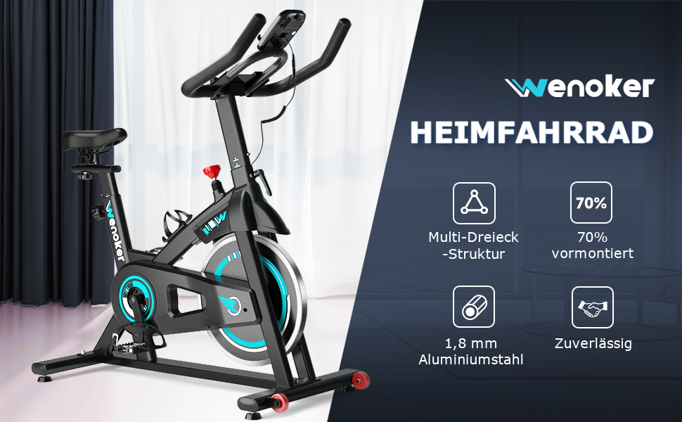 Велотренажер WENOKER з додатком, тихий, комфортний з LCD-дисплеєм, тримачем для планшета, до 140 кг, блакитний