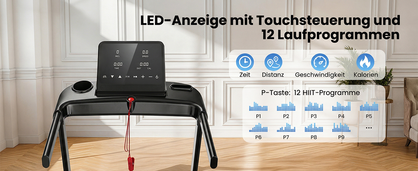 Складана бігова доріжка для дому та офісу з автоматичним нахилом 15%, двигун 3.0 к.с. (до 14 км/год), LED-дисплеєм та 12 програмами, макс. навантаження 136 кг, чорна