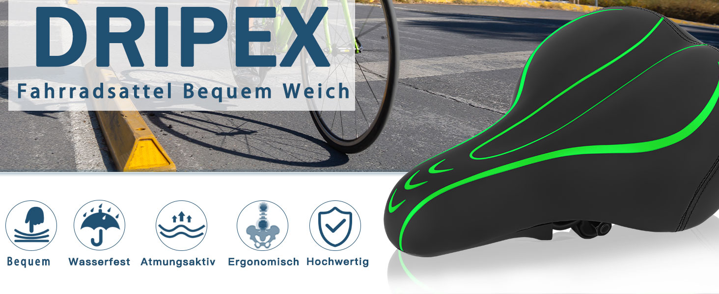 Велосипедне сідло Dripex для чоловіків та жінок, зручне, м'яке, гелеве, водостійке, ергономічне для MTB, Citybike, шосе, зелене