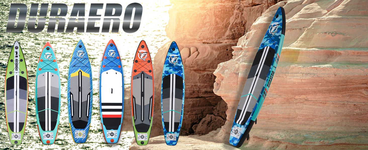 Надувний SUP-борд для веслування стоячи з каяковим сидінням, 330x76x15 см, вантажопідйомність до 150 кг, кріплення Cam, інтегрована підставка для ніг, 3 плавники, регульоване дволопатеве весло, повний комплект аксесуарів, блакитний камуфляж