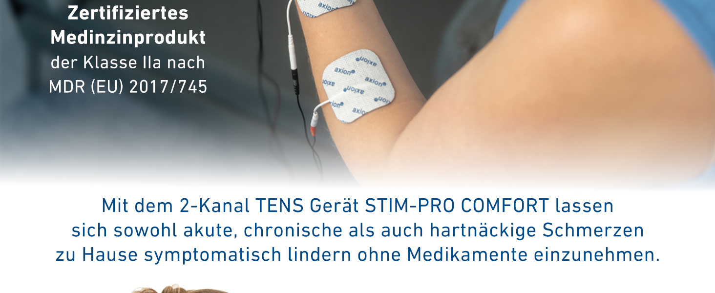 Пристрій TENS Axion STIM-PRO Comfort для терапії болю - комплект з 4 електродів 5x5 см | Reizstromgerät для лікування артрозу, артриту, болю в шиї, спині та суглобах | Сертифікований медичний продукт