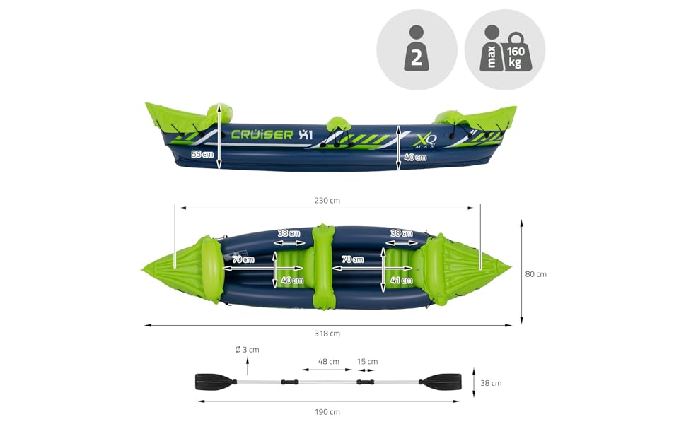 Німеччина Надувний човен Cruiser 2.0 / Cruiser 3.0 / Надувний каяк Cruiser X1, на 2 особи, Весловий човен Гребний човен Рибальський човен Прогулянковий човен Надувний човен Човен, повітряна байдарка Каное, різні моделі Байдарка - Cruiser X1