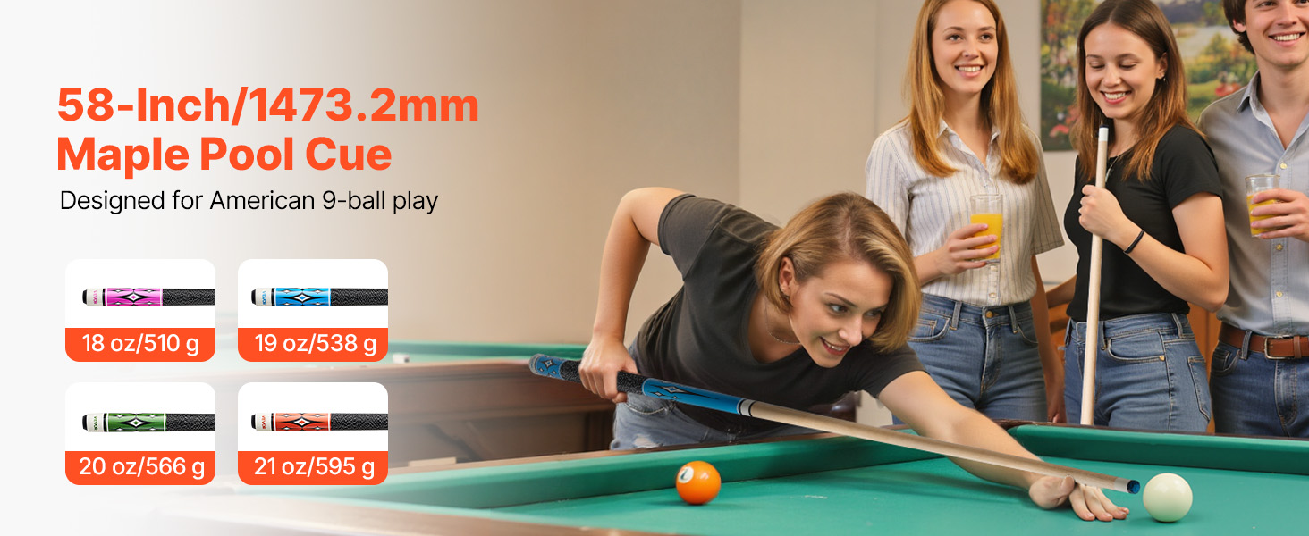 Кю (біліардна палиця) VEVOR, 147.3 см, з багатошаровим наконечником, ABS-з'єднувальний кільце, для професійного більярду, бару, дому, офісу (канадський клен, 4-секційна)