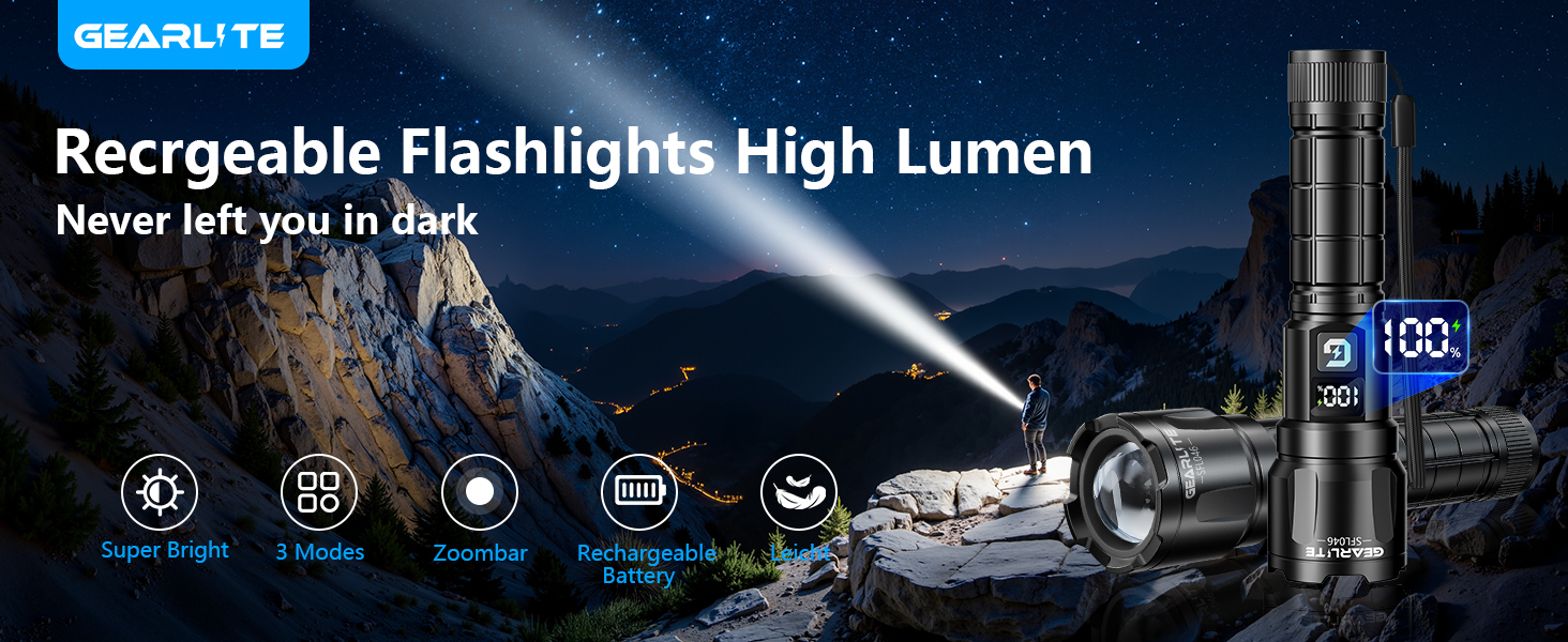 LED ліхтарик Gearlite: 6000 люмен, тактичний, з регулюванням фокусу, 3 режими, водонепроникний (IP65), для кемпінгу, риболовлі, надзвичайних ситуацій та піших прогулянок