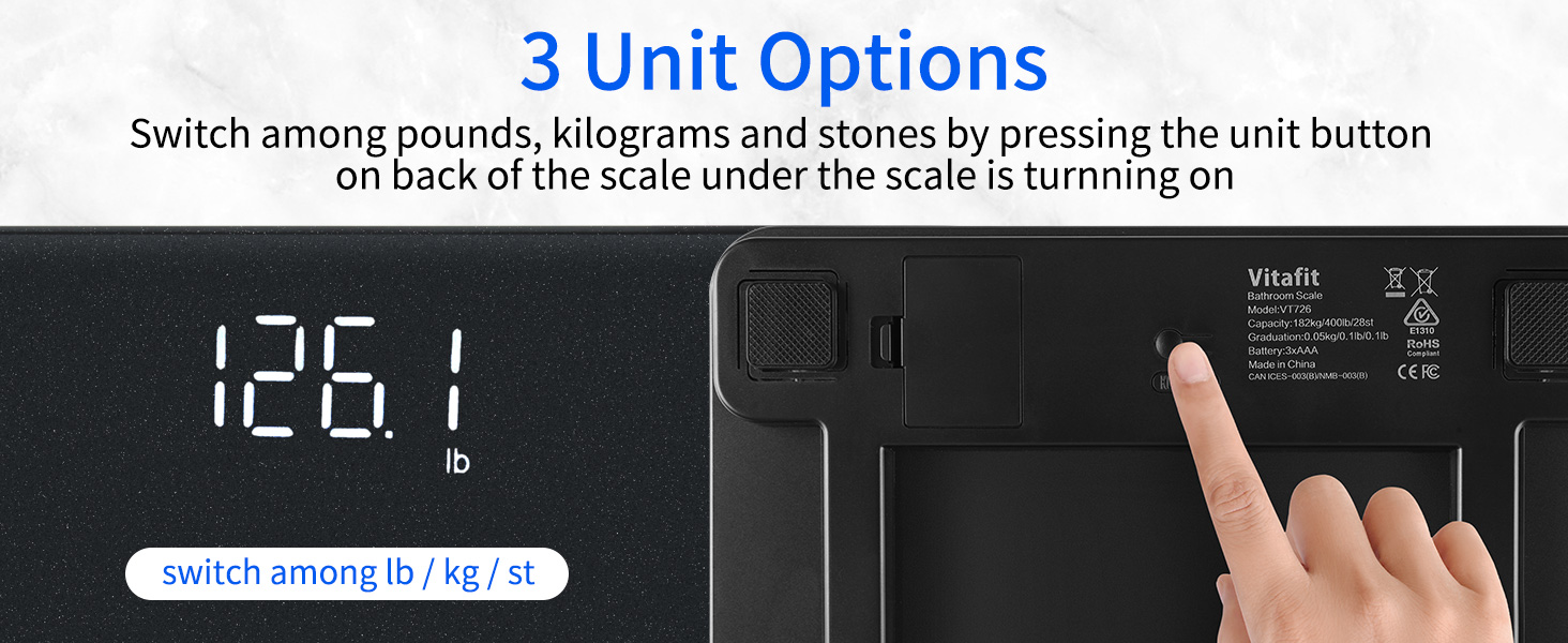Vitafit Цифрова вага для тіла з визначенням ваги та ІМТ, Розумна вага з додатком через Bluetooth, Нековзна платформа, Чорний колір (срібно-чорне напилення)