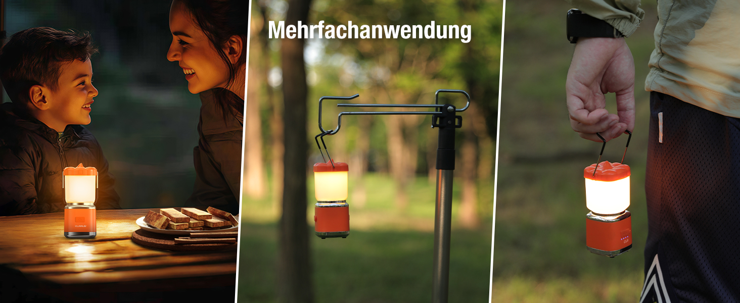 KLARUS CL8 Mini Camping-ліхтар: перезарядна LED-лампа з 5 режимами, водонепроникна IPX5, з гачком для намету, оранжева