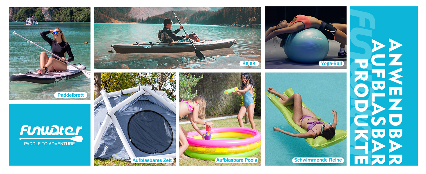 Електричний насос FunWater для SUP, надувних човнів, басейнів та наметів. 20 PSI, 12V DC, 6 насадок, блакитний