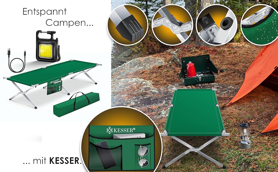 Кемпінгове ліжко KESSER® розкладне, 190/210 см, з сумкою, ліхтарем та кишенею, сталевий каркас, 150 кг, 600D Oxford