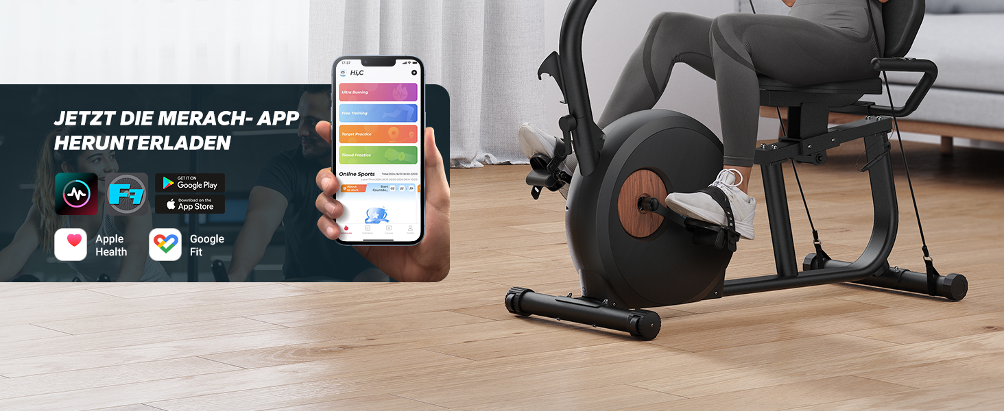 Велотренажер MERACH Liegeergometer для дому з 8 рівнями регулювання опору, Bluetooth, LCD-дисплеєм, датчиками пульсу та регульованою спинкою, чорний