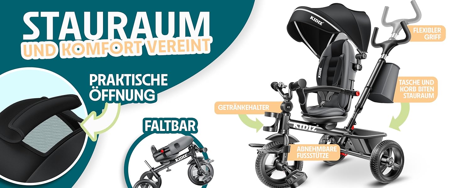 Дитяче триколісне велосипед KIDIZ 6в1 з батьківською ручкою, кошиком, дахом та гальмами. Підходить для дітей від 9 місяців до 25 кг. Рожевий.