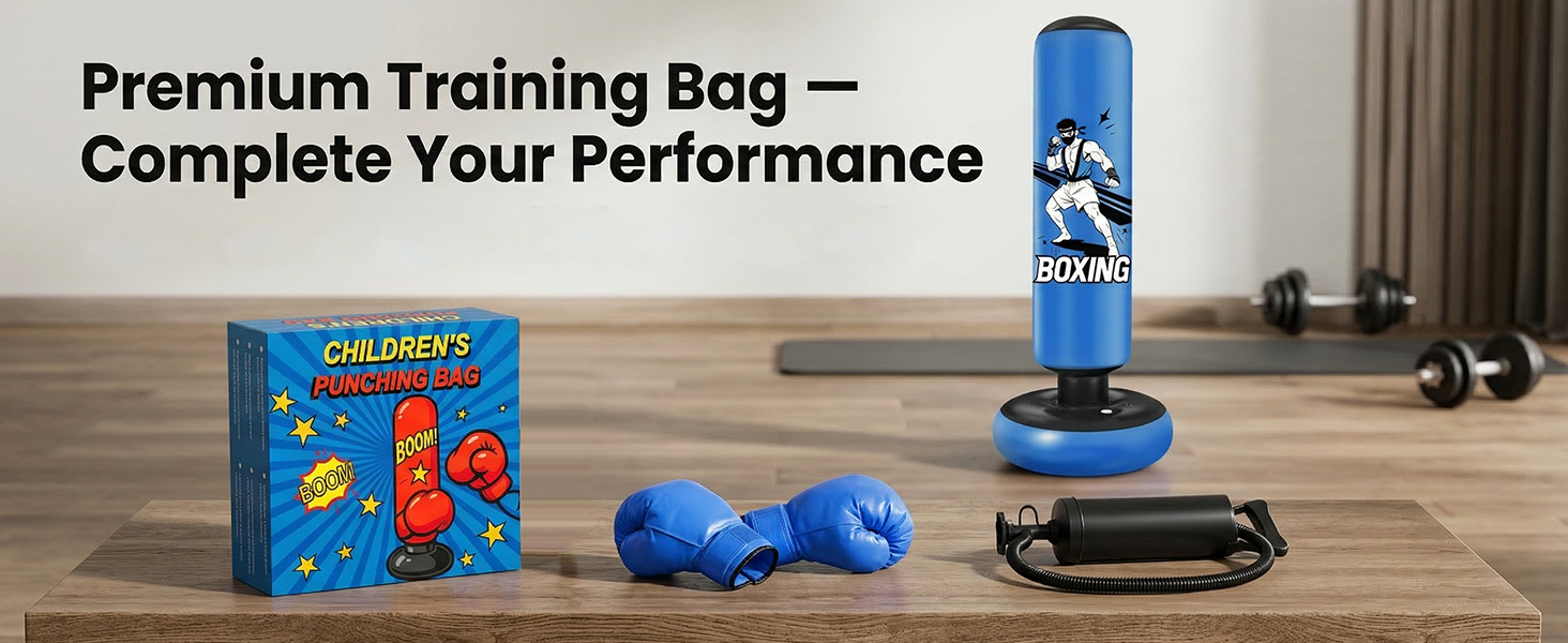 Боксерський мішок надувний для дітей 168 см з рукавичками та насосом, блакитний, з мотивом бійця, для дому, 5-12 років, для Karate та Taekwondo