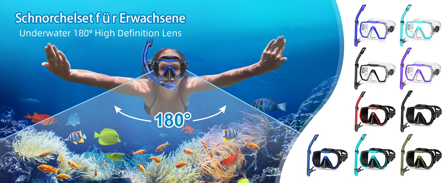 Набір для снорклінгу для дорослих: маска, трубка, регулятор, блакитний колір