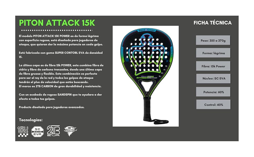 Плече для паддл Black Crown Piton Attack 15K Power: потужність та контроль, 38 мм, EVA-гума, 15K Power-Kern